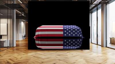 3D rendering of a casket on a Black Background covered with the Country Flag of United States Wall mural