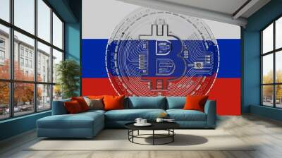 Large transparent Glass Bitcoin in center and on top of the Country Flag of Russia Wall mural