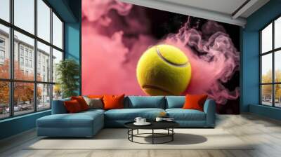 A vibrant tennis ball moves through a smoky backdrop highlighting motion and energy in a visually striking composition Smoke Explosion Backdrop Wall mural