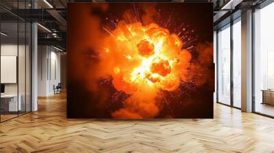 An explosion captures glowing particles flying amidst swirling smoke the image highlights the bright and dynamic energy of the blast against a backdrop of darkness Smoke Explosion Backdrop Wall mural