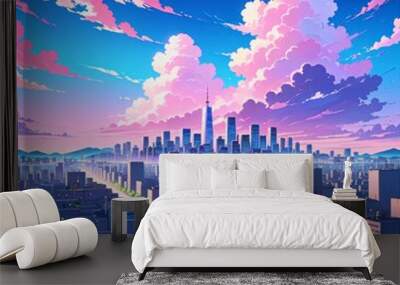 Anime aesthetic background city skyline pink and blue sky with clouds light purple sky aesthetic anime Wall mural