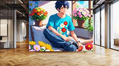 Digital anime style art painting of a man sitting with flowers aesthetic anime  Wall mural