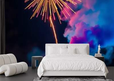 Fireworks exploding in the night sky creating colorful smoke trails in hues of red orange yellow green blue and purple Smoke Explosion Backdrop Wall mural