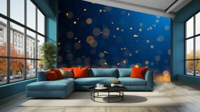 Glowing golden particles, magical bokeh effect, deep blue background, shimmering lights, festive atmosphere, abstract holiday scene, sparkling dust, ethereal illumination, night sky, dreamy texture, s Wall mural