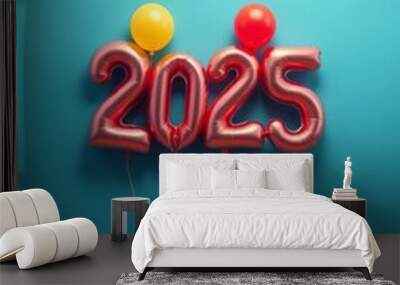 Golden number 2 balloon on glittery background. New Year 2025. Ultra realistic. Photorealistic  Wall mural