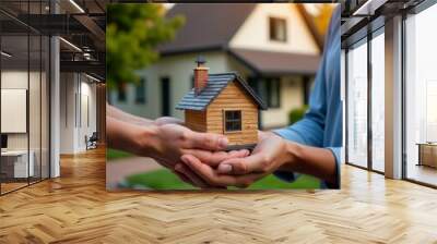 Real estate transaction, wooden house model, hands exchanging, suburban home background, golden hour lighting, property transfer, homeownership concept, close-up detail, soft focus, warm tones, symbol Wall mural