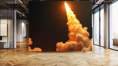 Rocket launch at night, fiery exhaust plume, billowing clouds of smoke, dramatic lighting, orange glow, dark sky background, powerful thrust, vertical ascent, space exploration, high-contrast image, c Wall mural