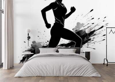 Running athlete ink black and white drawing silhouette runner Illustration  Wall mural