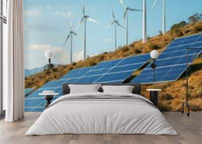 Solar panels and wind turbines on a hillside symbolizing solutions to reducing environmental impact from energy consumption solar panel Ultra realistic Photorealistic  Wall mural