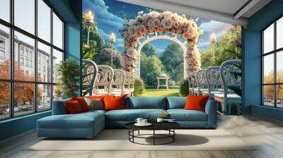 Surreal wedding scene, floral arch, two moons in sky, starry night, garden pathway, white chairs, dreamlike atmosphere, fantasy landscape, magical lighting, romantic setting, ethereal glow, lush green Wall mural