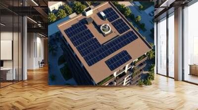 Top view of residential condo in usa with rooftop covered with solar photovoltaic panels for producing of clean ecological electrical energy concept of autonomous home Condominium  Wall mural