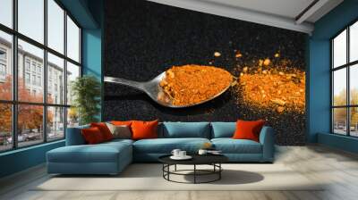 Red Chili in Steel Spoon and on Black Board Wall mural