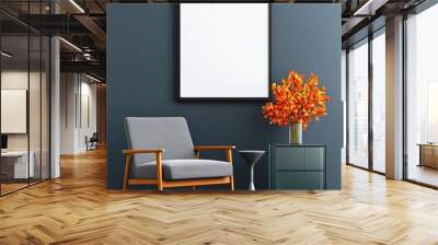 A stylish, modern interior with a gray chair, sleek side table, vibrant autumnal floral arrangement, and a blank canvas on a dark wall, perfect for minimalist decor. Wall mural