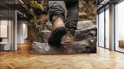 closeup of mans feet ascending a steep staircase. Wall mural