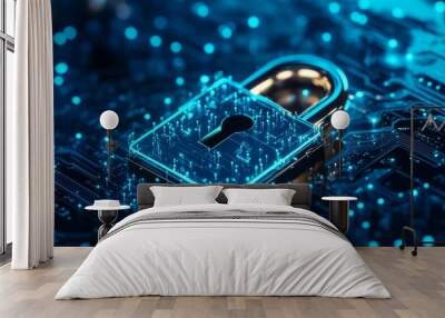 Cyber security padlock the protection and safeguarding. Wall mural