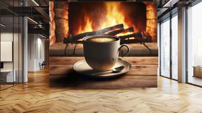 photograph of a cup of hot coffee and a background with a wood bonfire Wall mural