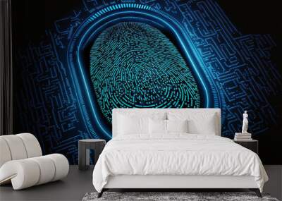 Cyber Security Fingerprint Illustration,  Fingerprint Scanning on Circuit Board, Security System Concept, Generative AI Wall mural