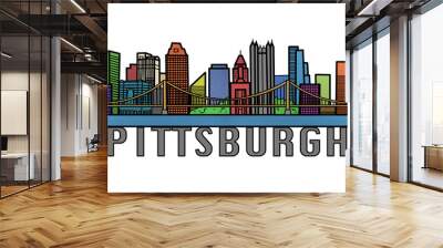 Pittsburgh City Skyline Colorful Illustration, Silhouette of Pittsburgh Pennsylvania, USA City Wall mural