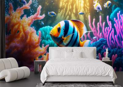 Underwater Scene With Coral Reef And Tropical Fishes Illustration, Generative AI Wall mural