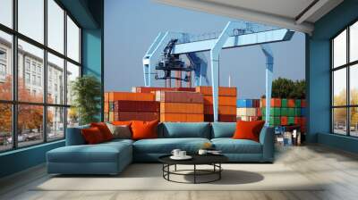 Dock crane with containers Wall mural