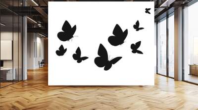 Black butterfly silhouettes. Outline butterflies romantic tattoo, tropical insects stencil. Summer and spring exotic symbols isolated vector set. Elegant wild flying moth of various shape Wall mural