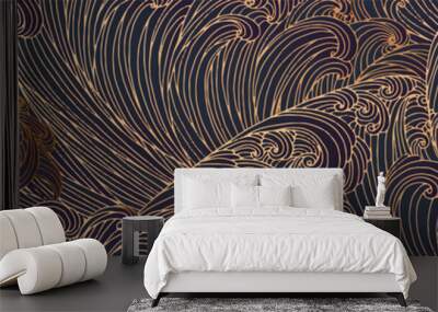 Line art design of waves, mountain, modern hand-drawn vector background, gold ink pattern. Minimalist Asian style. Wall mural