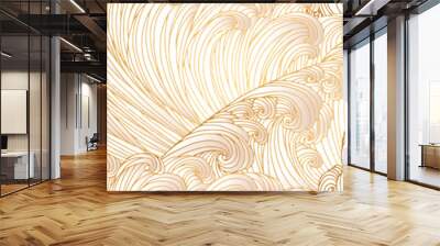 Line art design of waves, mountain, modern hand-drawn vector background, gold ink pattern. Minimalist Asian style. Wall mural