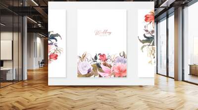 Tropical flamingo art, Wedding invitation frame set; flowers, leaves, watercolor. Sketched wreath, floral and herbs garland with green, palm leaves. Handdrawn Vector Watercolour style, nature art. Wall mural