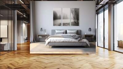 Photograph of a beautiful bedroom with wood floors and gray walls, design concept Wall mural