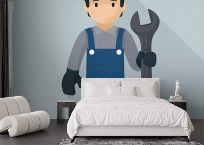 Flat design mechanic icon in blue and gray holding a wrench for repair symbol Wall mural