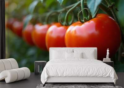 Fresh ripe tomatoes on the vine in golden afternoon light Wall mural