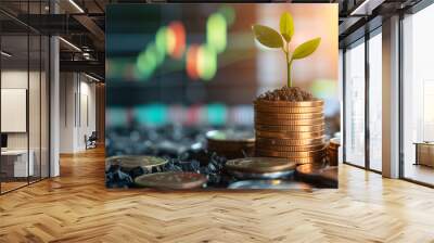 Stack of coins with plant sprout growing from it. With stock market price chart as background. Effect of saving and investing on growing returns in the financial market.  Wall mural