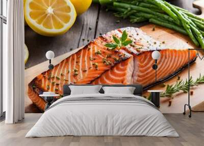 Tasty salmon steak on the table Wall mural