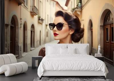 Vintage retro woman in town Wall mural