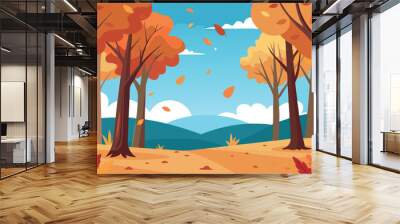 A beautiful autumn scene with trees and leaves on the ground Wall mural