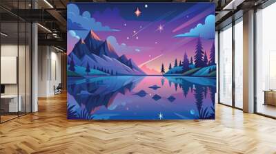 A beautiful mountain landscape with a lake and a starry sky Wall mural