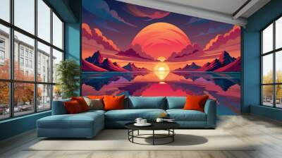 A beautiful sunset over a lake with mountains in the background Wall mural