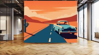 A blue car is driving down a road in a desert Wall mural