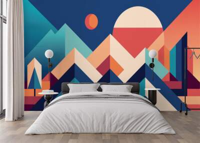 A colorful mountain range with a blue sky and a red sun Wall mural