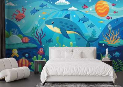 A colorful underwater scene with a blue shark swimming in the middle Wall mural