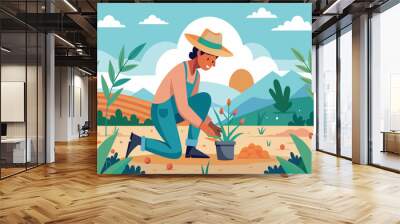 A man in a straw hat is planting a flower in a pot Wall mural