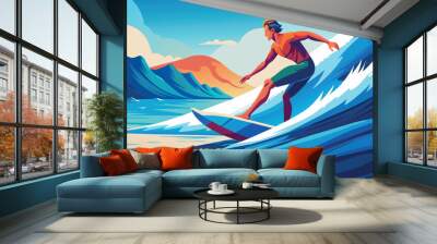 A man is surfing on a wave in the ocean Wall mural