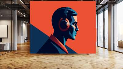 A man wearing headphones is shown on a red background Wall mural