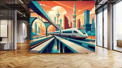 A modern train travels on elevated tracks in a colorful, futuristic city at dusk Wall mural