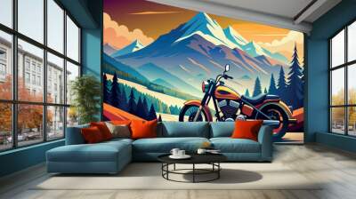 A motorcycle is parked on a road in front of a mountain range Wall mural