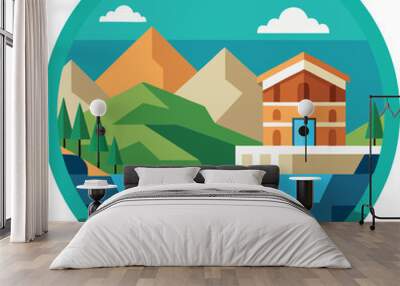 A mountain range with a house and a lake in the foreground Wall mural