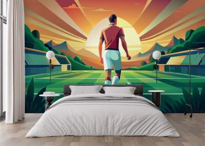 A soccer player readies for a game at sunset in a stadium Wall mural