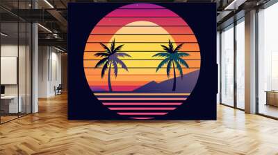 A tropical scene with two palm trees and a sunset in the background Wall mural