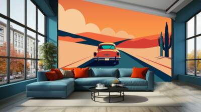 A vintage car is driving down a road in a desert Wall mural