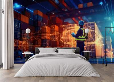 A worker managing logistics. The growth of the logistics industry with advanced technologies. Generative AI Wall mural